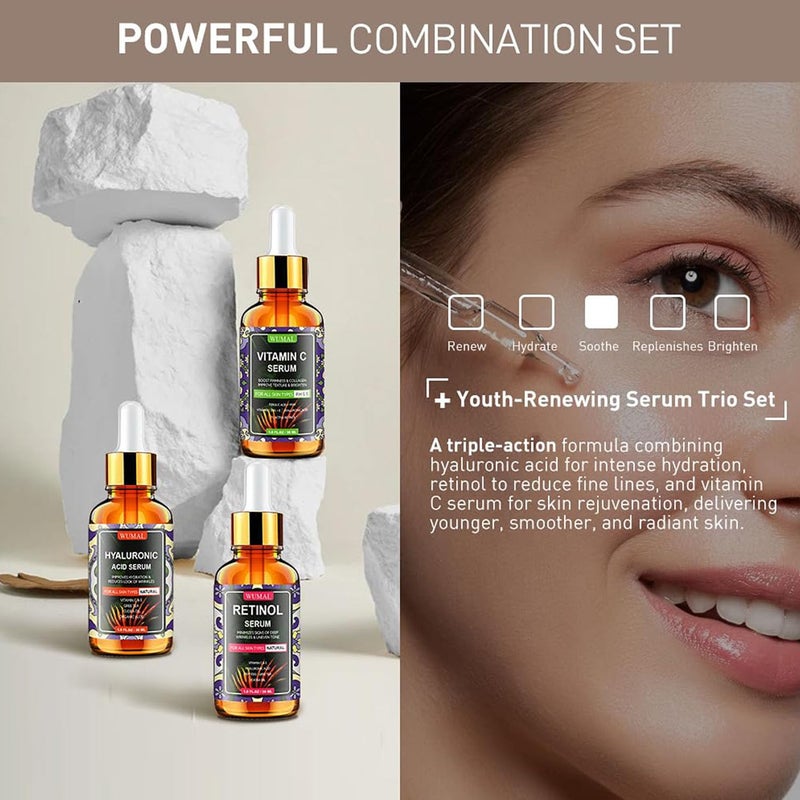 Wumal 3 Pack Face Serum Set - Includes Vitamin C, Retinol & Hyaluronic Acid - Firming, Brightening & Hydrating - Reset Your Skin Day and Night - Image 2
